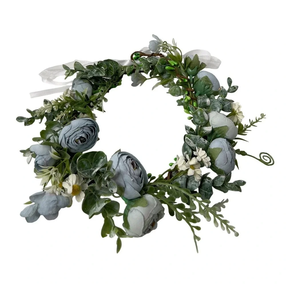 Dusty Blue Floral Crown Flower Halo Adjustable Ribbon Wedding Festival Boho‎